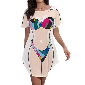 女性用ビキニプリント面白いTシャツ半袖ドレスルーズ水着カバーアップかわいいだぶだぶの楽しいウェアドレスビーチブラウス - Product Image 5