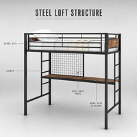 Lit superposé avec bureau et panneau grillagé, surface imitation bois, structure en acier pour chambre d'enfant, espace d'étude, adolescents