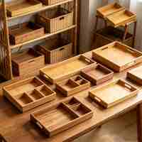 Plateau de rangement en bois personnalisé en gros, plateau organisateur en bois multi-styles combinés, boîte de rangement pour articles divers de bureau à domicile