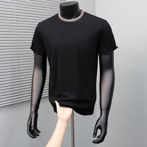 Camiseta personalizada de manga corta con cuello redondo y 210g de amoníaco líquido para hombre, camisa informal de verano, que absorbe la humedad, transpirable, de color liso. - Product Image 1