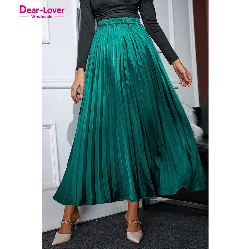 Dear-Lover Venta al por mayor de cintura alta Moda Elegante Básicos Sólido de cintura alta de lujo Satén Maxi Faldas largas plisadas para mujeres