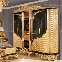 Meubles de chambre à coucher de luxe au design classique, lit king size en bois avec tête de lit, ensemble de chambre à coucher de style turc noir et or