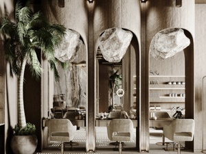 Servicio de Diseño de Interiores para Salón de Belleza Wabi Sabi, Zona de Estilismo Arqueada Personalizada y Muebles para Exhibición de Productos para el Cuidado de la Piel - Product Image 1