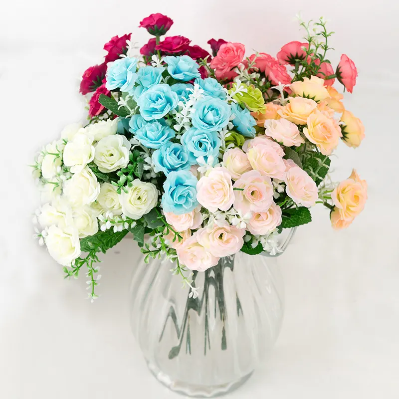 Ramos pequeños de flores artificiales para decoración de boda, rosas de seda para fiesta en casa, bricolaje