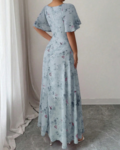 Robe <span class=keywords><strong>longue</strong></span> décontractée pour femme en mousseline de soie, imprimé floral et papillons, col <span class=keywords><strong>carré</strong></span>, manches courtes volantées, taille froncée, coupe évasée fluide - Product Image 6