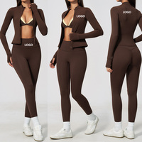 Tenues d'entraînement pour femmes 2 pièces à manches longues fermeture éclair veste courte soutien-gorge de sport et leggings de contrôle du ventre Gym Yoga vêtements de sport