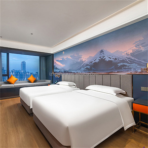 Ensemble de meubles de chambre d'hôtel, lit moderne en bois capitonné avec tête de lit intégrée en tissu et tables de chevet pour hôtel 3 étoiles - Product Image 4