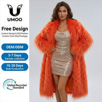 Manteau long d'hiver élégant pour femme en fausse fourrure orange vif à imprimé animal, col rabattu, simple boutonnage, chaud et moelleux