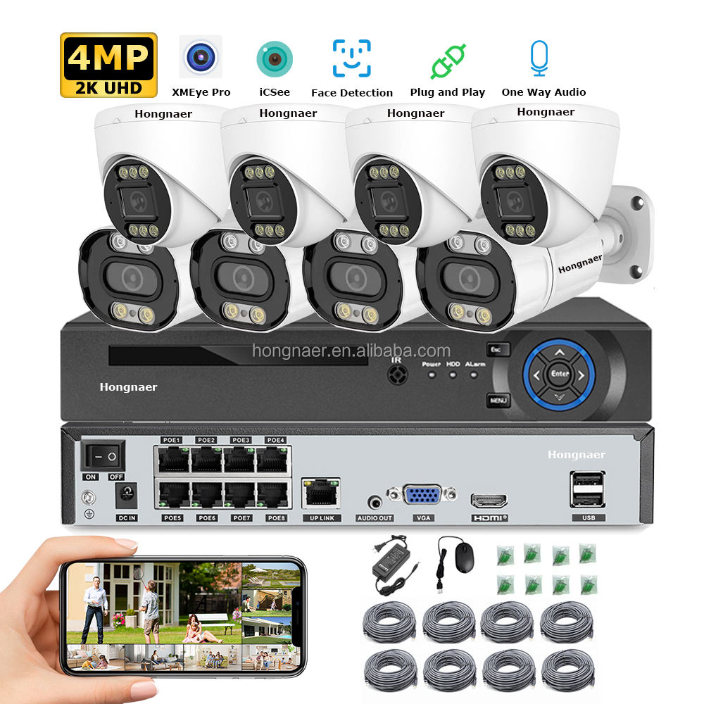 Hongnaer 4MP Video saluran, pengenalan wajah NVR POE rumah pengawasan Kit  Kamera CCTV keamanan Set sistem IP nirkabel sistem CCTV