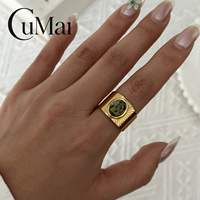 Bague ouverte CUMAI en acier inoxydable plaqué or 18 carats avec pierre verte, motif soleil, réglable, style vintage, bijou de cocktail, étanche, cadeau pour elle