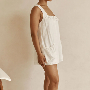 Combinaison courte d'été tendance, décontractée, respirante, avec poches et cordon de serrage, en lin et coton de haute qualité - Product Image 3