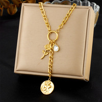 Collier ras du cou tendance en acier inoxydable multi-breloques pour femme avec pendentifs ronds, fleur, soleil, lune, goutte d'eau, cœur en zircon cubique