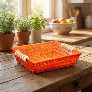 Yellow Palm Leaf <b>Basket</b> Tray <b>Rectangular</b> Bohemian <b>Storage</b> Tray with Handles Multifunction Sustainable Artisan Craft - Product Image 1
