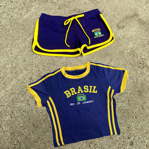 Ensemble haut et <span class=keywords><strong>short</strong></span> pour femme en polyester, été 2024, broderie de lettres brésiliennes, effet 3D, style décontracté Y2K, style sportif - Product Image 3