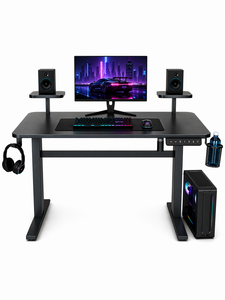 Bureau de jeu ergonomique en métal à hauteur réglable avec surface en fibre de carbone, étagères pour haut-parleurs, porte-bouteille, design rectangulaire - Product Image 5