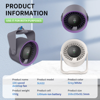 Ventilateur de bureau numérique sans pales, mini, portable, pliable, en plastique, rechargeable par USB, avec manuel d'utilisation en anglais et emballage.