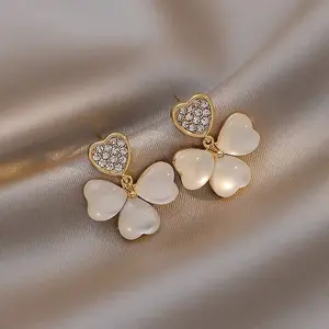 S925 anting-anting modis bunga geometri, anting-anting perhiasan mode berlian imitasi opal sederhana indah desain baru Korea perak murni