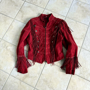 Chaqueta de Motociclista de Cuero Rojo con Flecos para Mujer, Marca Fazmax, Cuello Camisero, Cierre de Cremallera, Manga Larga, Estilo Occidental, para Otoño - Product Image 1