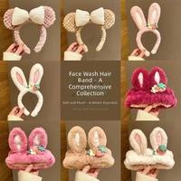 Bandeau en tissu peluche oreilles de lapin pour femme, style japonais et coréen, mignon, avec nœud et motif à carreaux, idéal pour le lavage du visage, le soin et le maquillage en hiver
