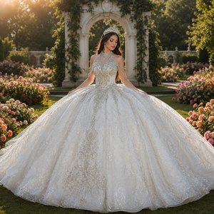 Vestido de Novia de Gala con Cola de Catedral Lujosa y Brillante Mc040, con Cuentas de Cristal y Lentejuelas Onduladas de Tul, Jancember - Product Image 1