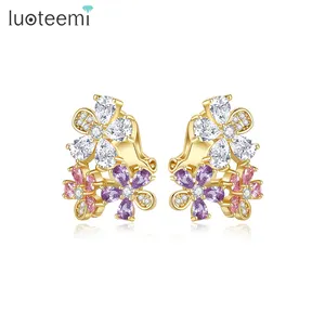 LUOTEEMI – boucles d'oreilles élégantes en plaqué or pour femme, Clip en fleur de zircone, sans trou