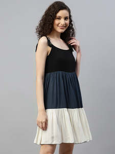 Vestido de mujer de rayón liso, sin mangas, con cuello acampanado, de longitud hasta la rodilla, con volantes, para verano y otoño, estilo occidental para fiesta - Product Image 4