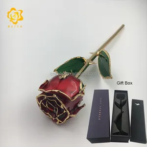 Regalo di San Valentino Rosa Eterna Placcata Oro in Colore Rosso Perla con Fiore Vero e Foglie e Ramo all'Interno con Confezione Regalo - Product Image 1