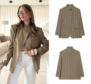 PB&ZA Nouvelle Collection <span class=keywords><strong>Été</strong></span> – <span class=keywords><strong>Veste</strong></span> de Costume <span class=keywords><strong>Femme</strong></span> Style Commuter Français à Col Montant, Manches Longues, Poches à Rabat et Bouton Unique, Motif Carreaux - Product Image 1