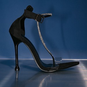 Sandales à talons hauts pour femmes, à bout pointu, ornées de strass, avec bride en T, empeigne transparente, boucle sécurisée, talons aiguilles - Product Image 4