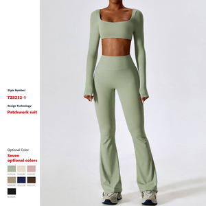 XW-TZ8232-1 новая одежда, оптовая продажа, толстовка с длинным рукавом, укороченный топ, одежда для фитнеса, спортивный костюм, расклешенные брюки для женщин - Product Image 2