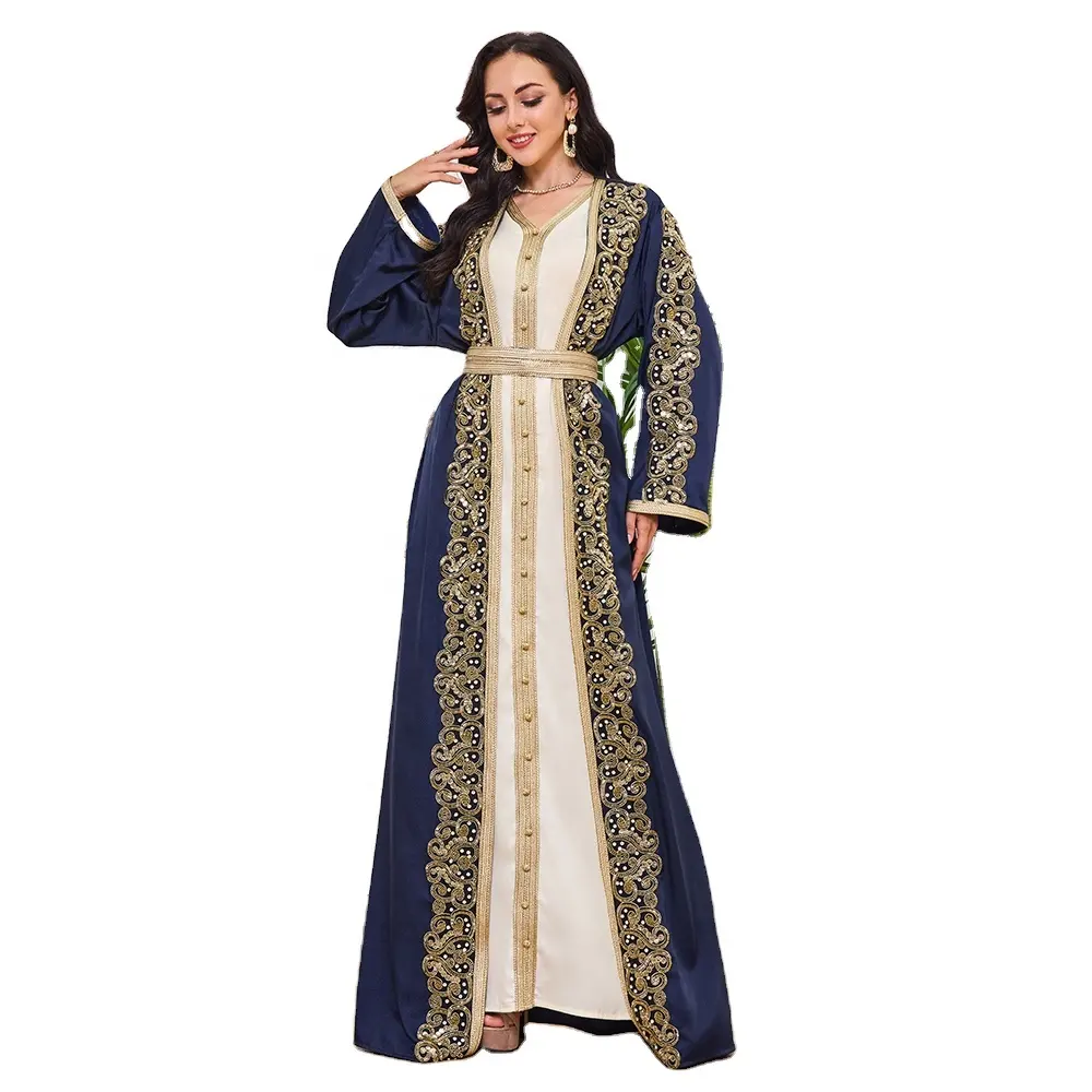 2024 Venda Quente Novo Islâmico Muçulmano Moda Estilo Robe Oriente Médio Árabe Frisada Cardigan Duas Peças Vestido Confortável