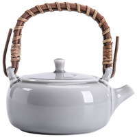 Théière en céramique japonaise à poignée en boucle, glaçure gris glacé, petite théière individuelle, poignée en rotin, théière domestique