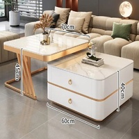 Ensemble de tables basses gigognes modernes extensibles avec plateau en marbre et pieds en métal doré, tiroirs de rangement, table centrale pour salon