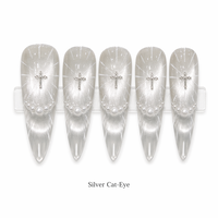 Faux ongles longs en acrylique, forme cercueil, effet œil de chat, couleur argent, brillants, avec strass et motif croix, pour doigts