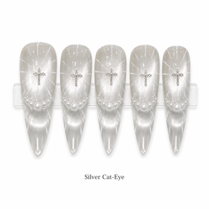 Faux ongles longs en acrylique, forme cercueil, effet œil de chat, couleur argent, brillants, avec strass et motif croix, pour doigts - Product Image 6