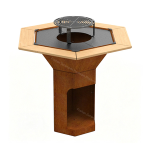 Barbecue au bois 360 degrés avec <span class=keywords><strong>plancha</strong></span>, tables latérales en bambou et bac <span class=keywords><strong>à</strong></span> cendres amovible pour jardin et terrasse - Product Image 3