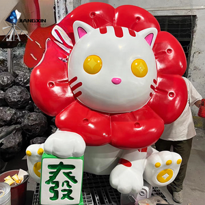 Gato de la Fortuna Personalizado de Fibra de Vidrio con Patrones de Flores Rojas y Monedas Doradas Pintado a Mano Marca JIANGXIN para Marca Privada - Product Image 1