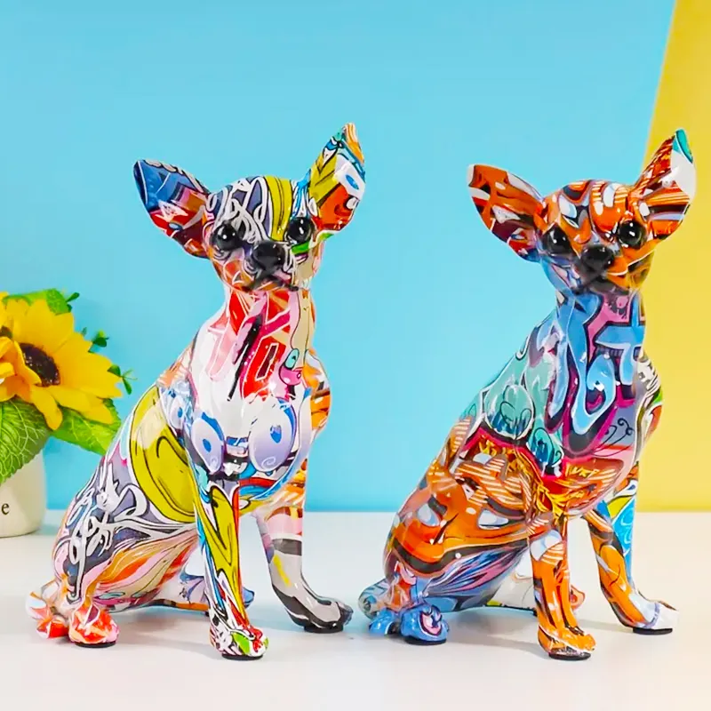 Ornamentos criativos para transferência de água, estatueta de cachorro chihuahua, mesa de escritório para casa, artesanato em resina, decoração, graffiti, estátua de chihuahua