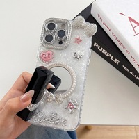 Coque de téléphone pour iPhone 17 Pro Max avec nœud perlé et miroir rond, en PC, strass de luxe, étoile, mode coréenne pour femmes, compatible iPhone 16 15 14 Plus