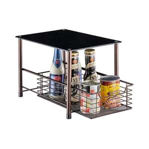 Single Tier Tempered glass top metal wire mesh sliding pull out kitchen spice rack cabinet organizer drawer