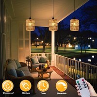 Lampe suspendue en rotin et corde de chanvre tressée, à piles, télécommandée, ampoule LED E27, style campagnard américain, décoration transfrontalière