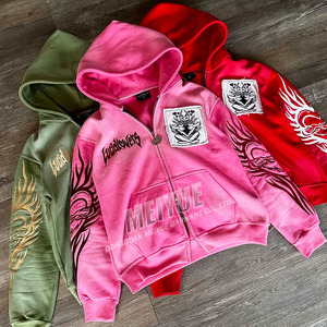 Sudadera con capucha personalizada Drop Shoulder Acid Wash Vintage parche bordado desgastado Sudadera con capucha de alta calidad French Terry Zip up Hoodie - Product Image 1