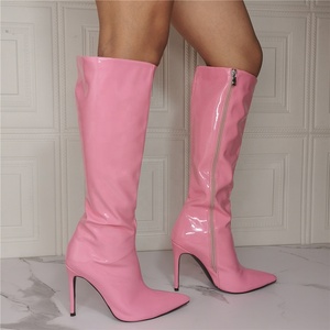 Pointy Toe Cute Women Boots Calf High Patent Leather High-heeled <b>Shoes</b> Long Knee Wide Leg Feet Size 14 - Product Image 5