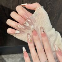 Kuku Akrilik Tempel dengan Desain Bunga 3D Mutiara Rhinestone Bentuk Almond Panjang, Pilihan Logo yang Dapat Disesuaikan untuk Salon Kuku