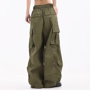 Wholesale pleated casual hip hop fashion solid khaki green coffee wide leg baggy mens cargo pants high quality streetwear