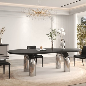 Table à Dîner Rectangulaire en Bois Massif à Hauteur Standard ou Table Fixe à Dîner en Marbre Onyx avec Pieds en Double Arc - Product Image 1