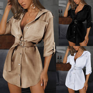 Summer Shirt Solid Color Rolled Sleeves V-neck Women's Waist-cinching <b>Top</b> Fashion - Product Image 2