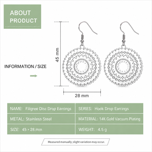 Boucles d'oreilles pendantes en filigrane, acier inoxydable plaqué or 14 carats, ajourées, rondes, à crochet, 45 × 28 mm - Product Image 2