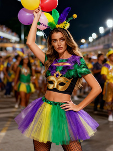 Conjunto de Disfraz de Carnaval Brasileño de Mardi Gras con Top Corto de Plumas y Falda Tutú Arcoíris - Product Image 4
