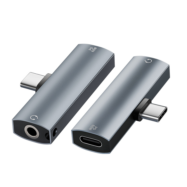 Aluminum Alloy Type C OTG Adapter 2 in 1 USB-C to 3.5mm Audio headphone and PD 60W Charger Adapter for Mobile Phone/Macbook